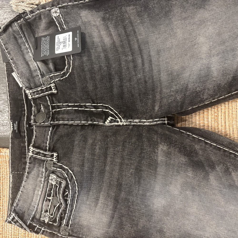 True Religion Men's Black Jeans with White Stitching
